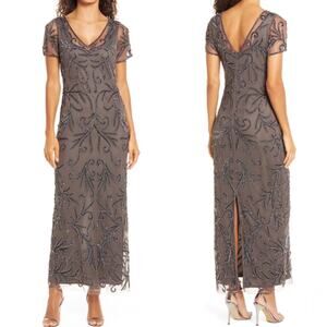 NWOT Pisarro Nights Illusion Beaded Mesh Maxi Gown Dress in Aluminum, Size 6